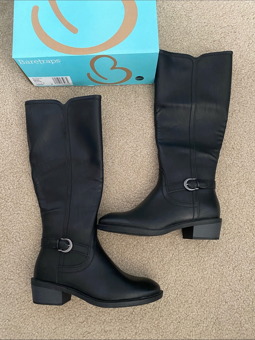 Baretraps Nena Riding Boots Black Faux Leather Silver Buckle